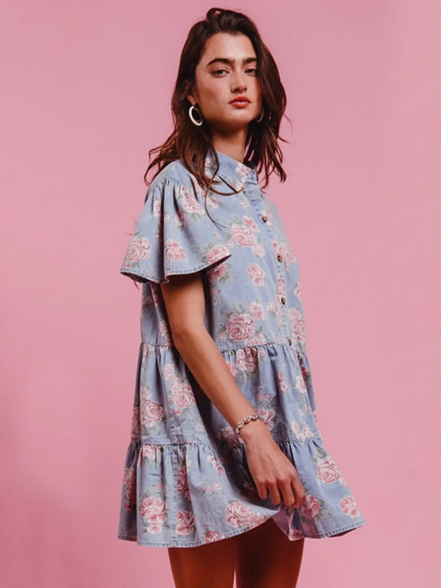 Denim Floral Print Collared Short-sleeved Shirt Buttons Shirt Dress - Image 8