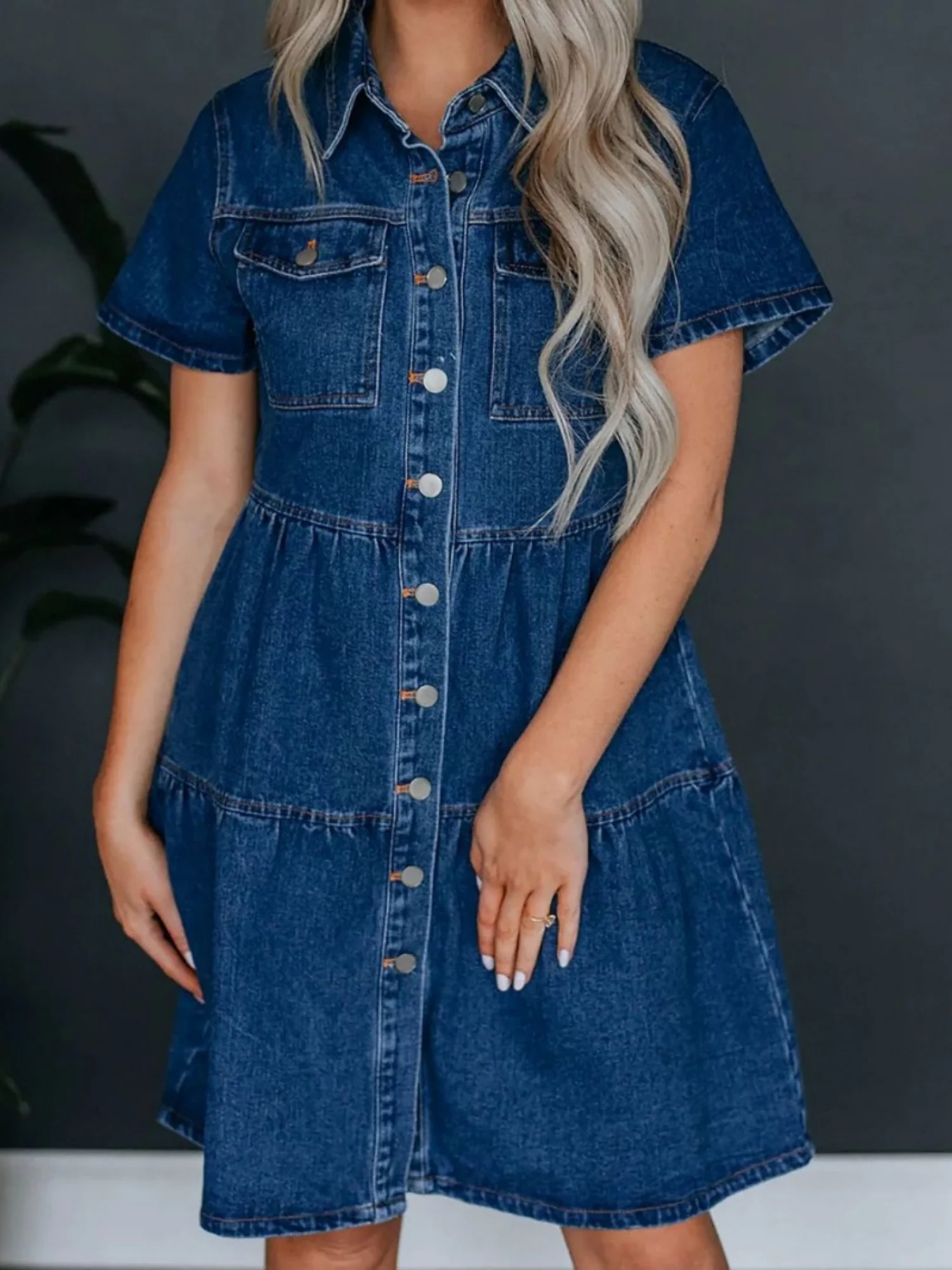 Denim Buttons Short-sleeved Collar Mini&Short Dresses - Image 2