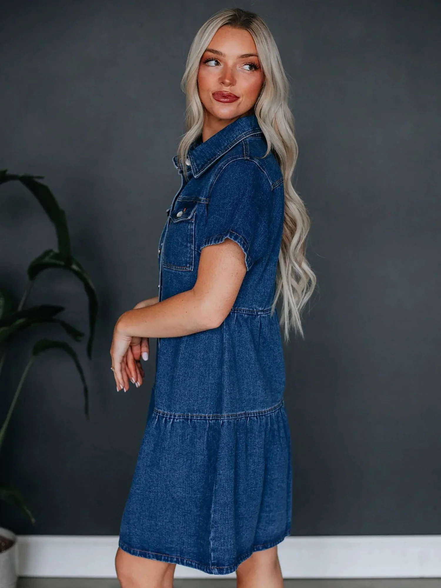 Denim Buttons Short-sleeved Collar Mini&Short Dresses - Image 4