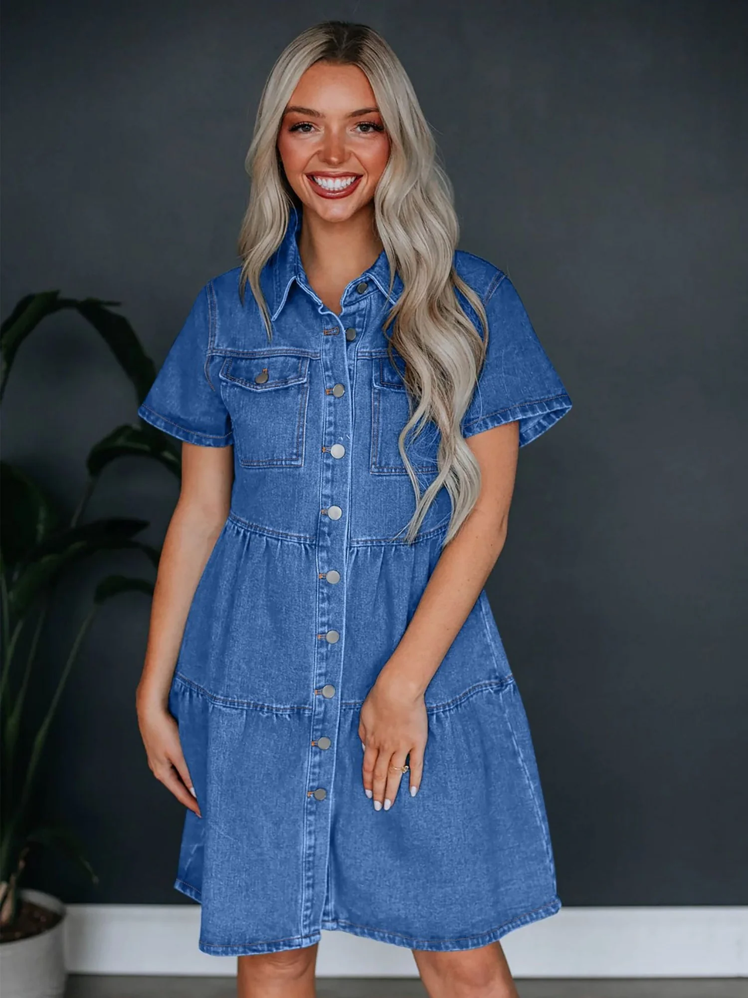 Denim Buttons Short-sleeved Collar Mini&Short Dresses - Image 6