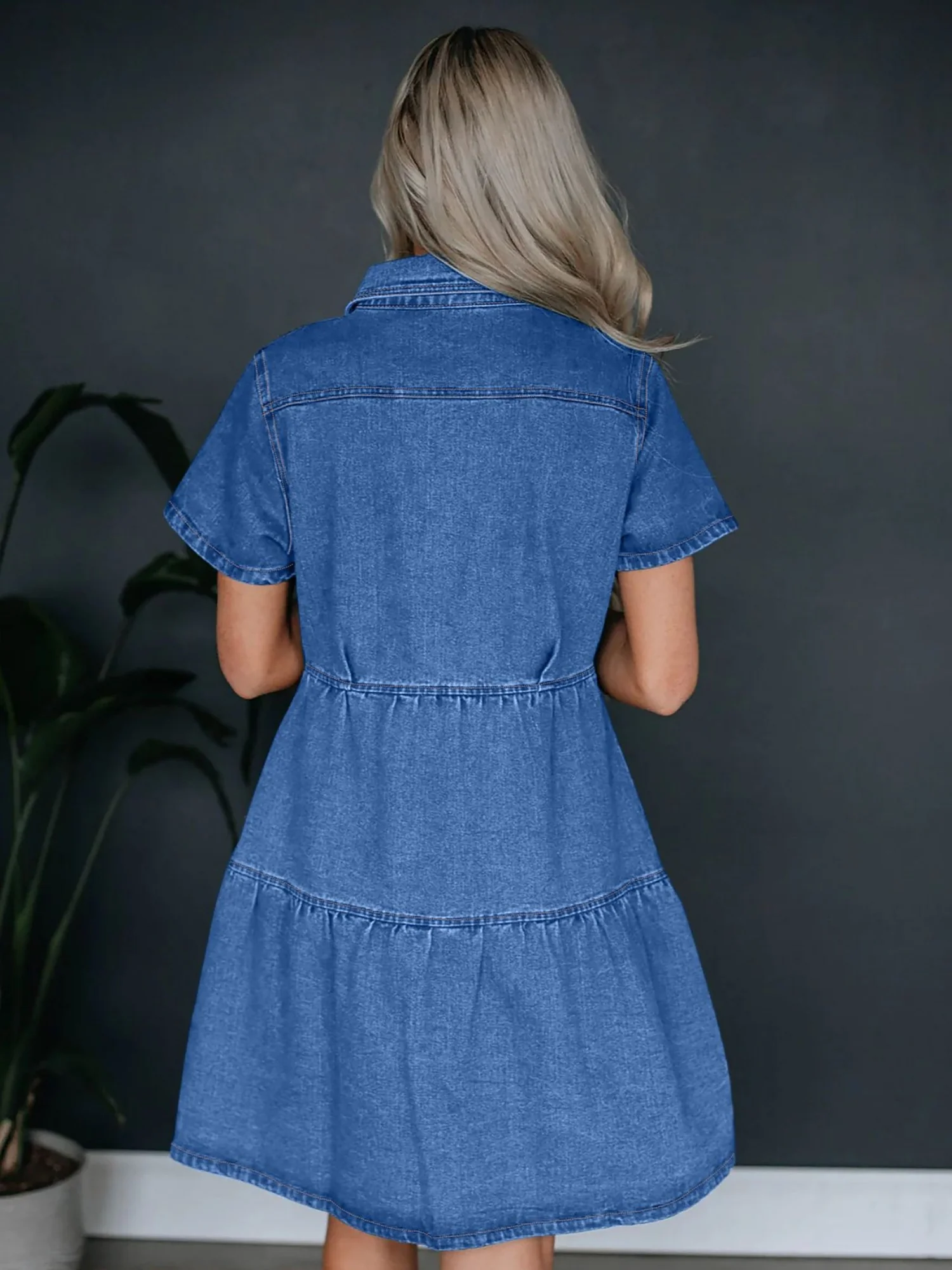 Denim Buttons Short-sleeved Collar Mini&Short Dresses - Image 7