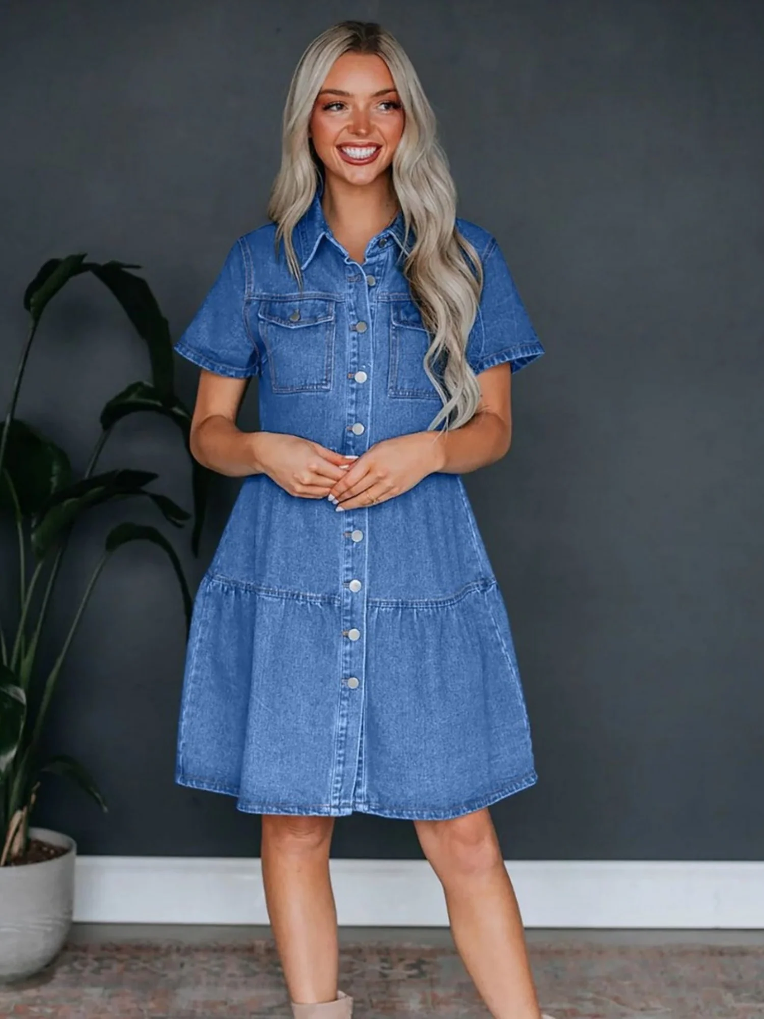 Denim Buttons Short-sleeved Collar Mini&Short Dresses - Image 8