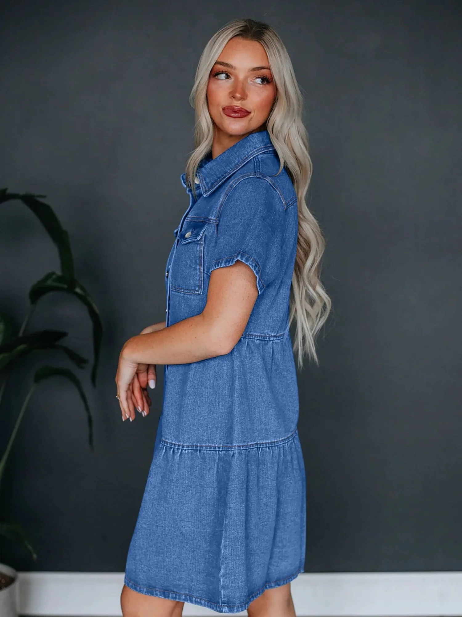 Denim Buttons Short-sleeved Collar Mini&Short Dresses - Image 9