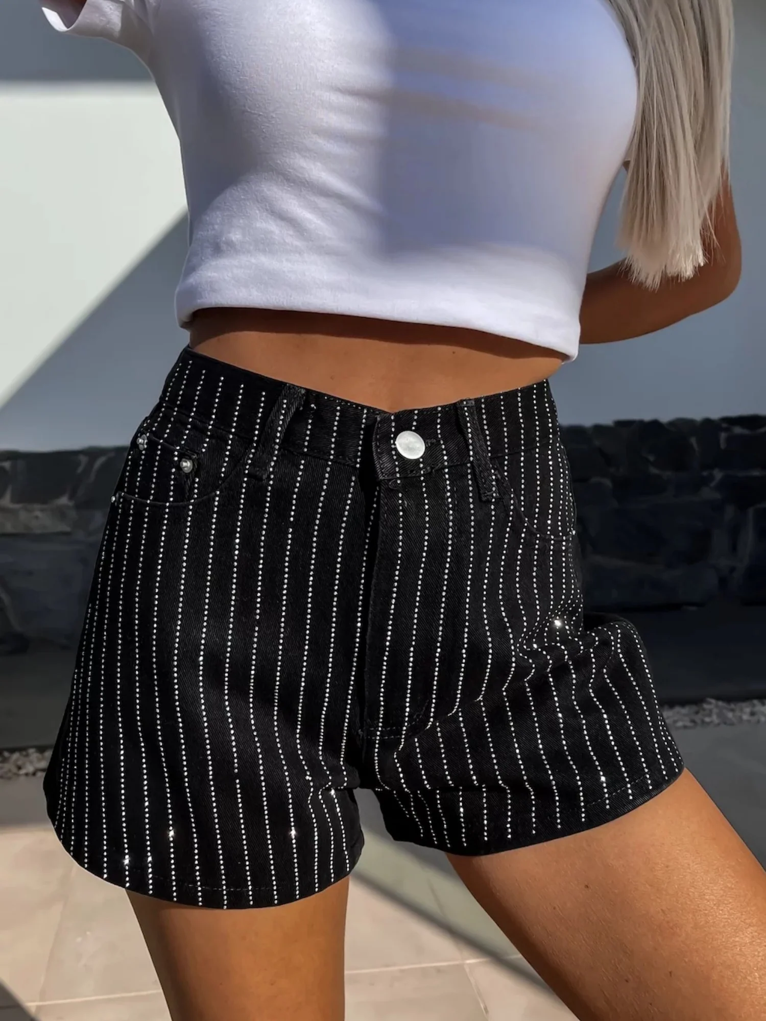 Rhinestone-studded Pocket Straight-leg Denim Shorts - Image 4