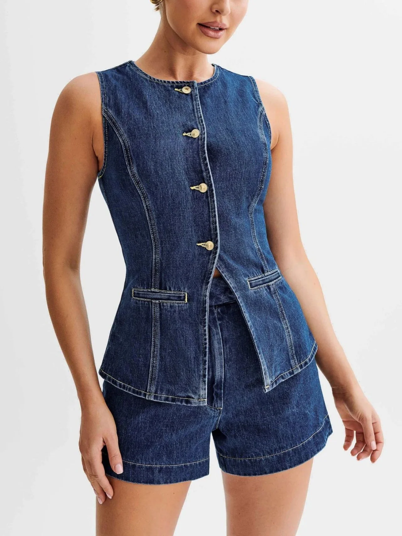 Sleeveless High-waisted Buttons Denim Vest And Shorts 2-piece Sets - Image 3