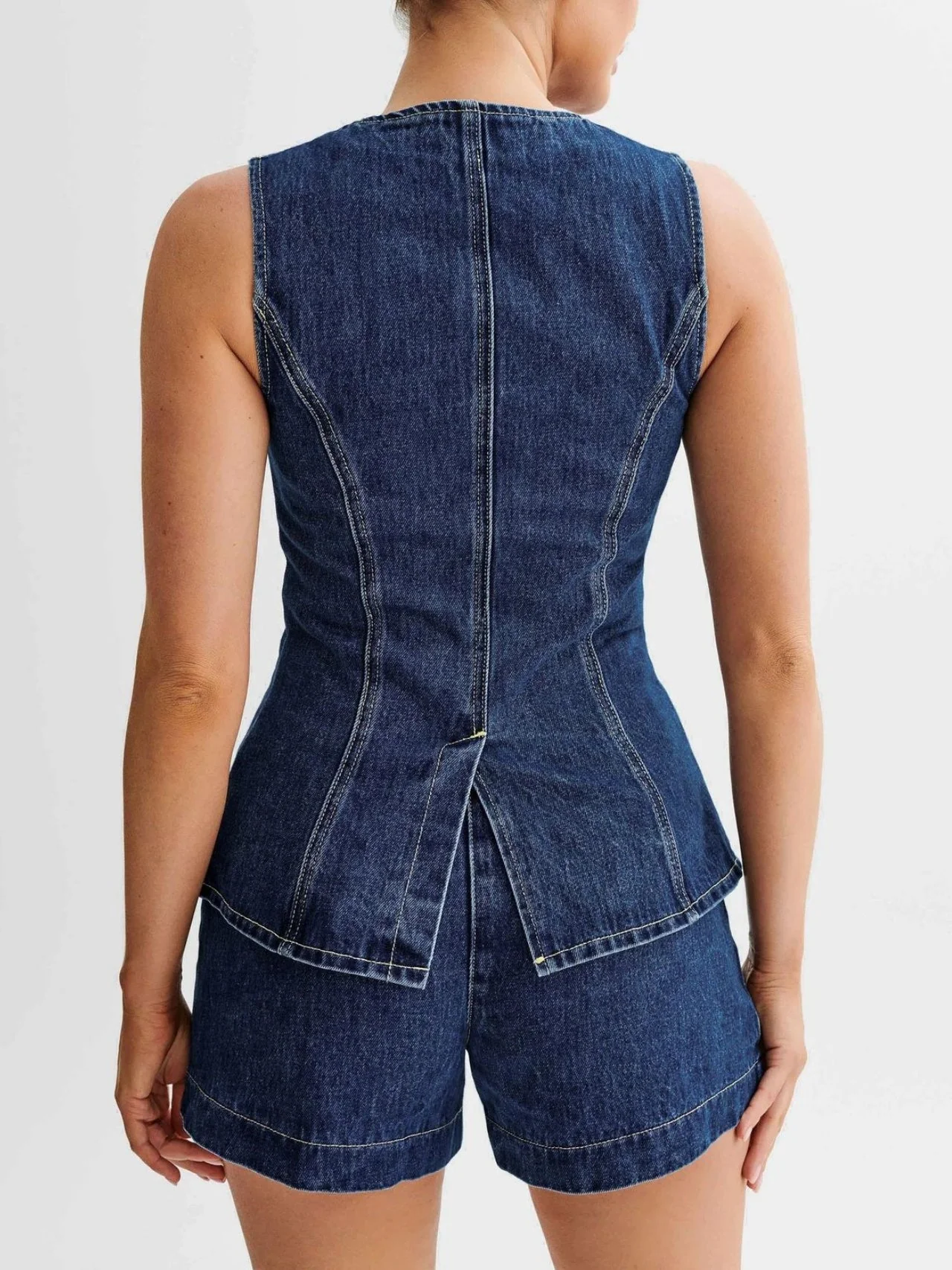 Sleeveless High-waisted Buttons Denim Vest And Shorts 2-piece Sets - Image 5