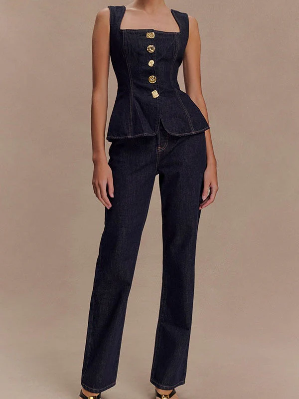 Sleeveless High-waisted Buttons Denim Vest And Trousers 2-piece Sets - Image 3
