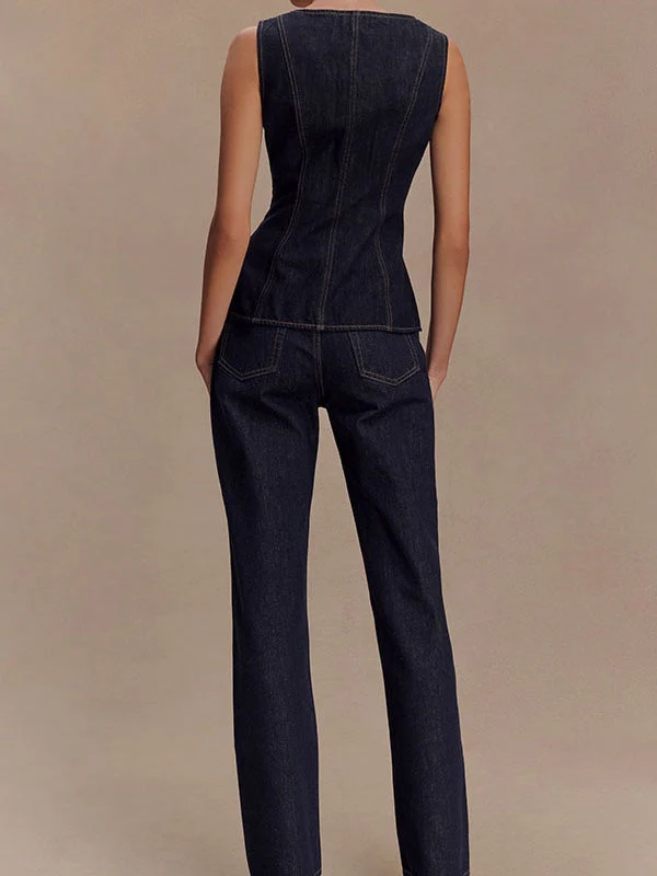 Sleeveless High-waisted Buttons Denim Vest And Trousers 2-piece Sets - Image 4