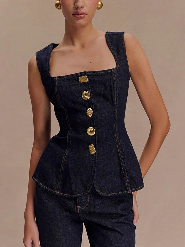 Sleeveless High-waisted Buttons Denim Vest And Trousers 2-piece Sets - Image 5