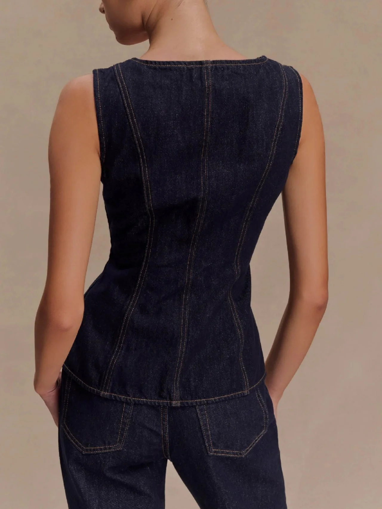 Sleeveless High-waisted Buttons Denim Vest And Trousers 2-piece Sets - Image 6