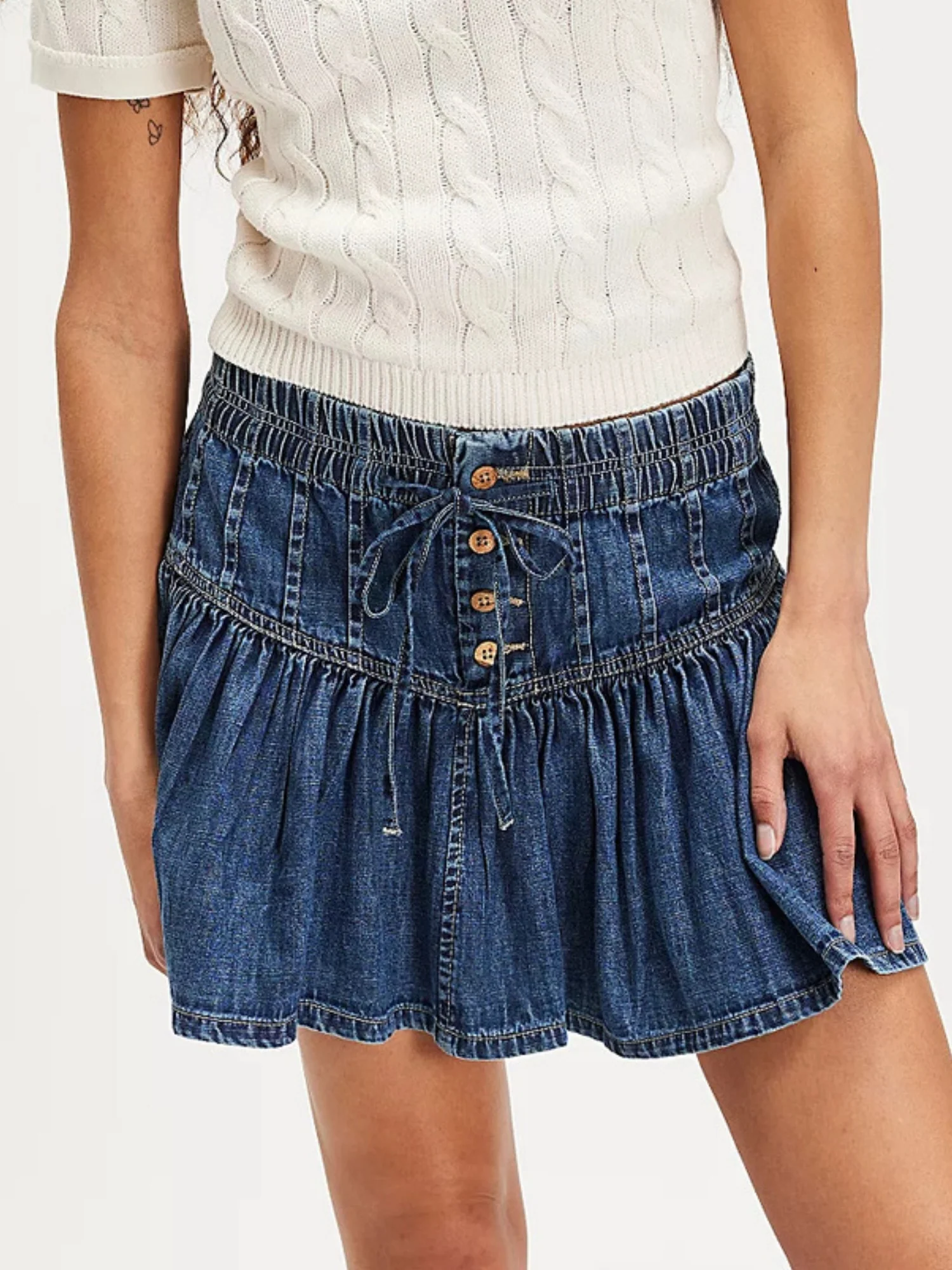 Denim Button Tie High-waisted A-line Pleated Skirt - Image 4