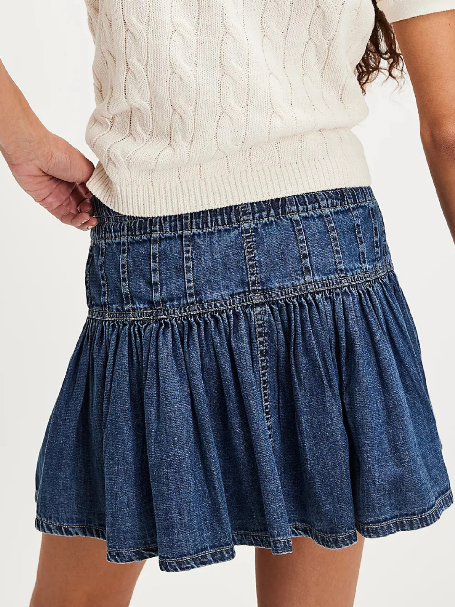 Denim Button Tie High-waisted A-line Pleated Skirt - Image 5