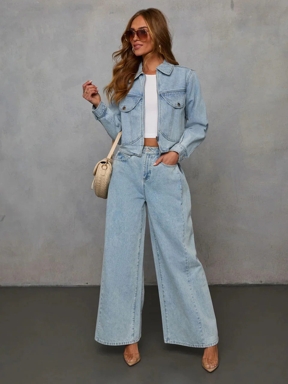 Denim Distressed Solid Color Jacket And Trousers 2-piece Sets - Image 2