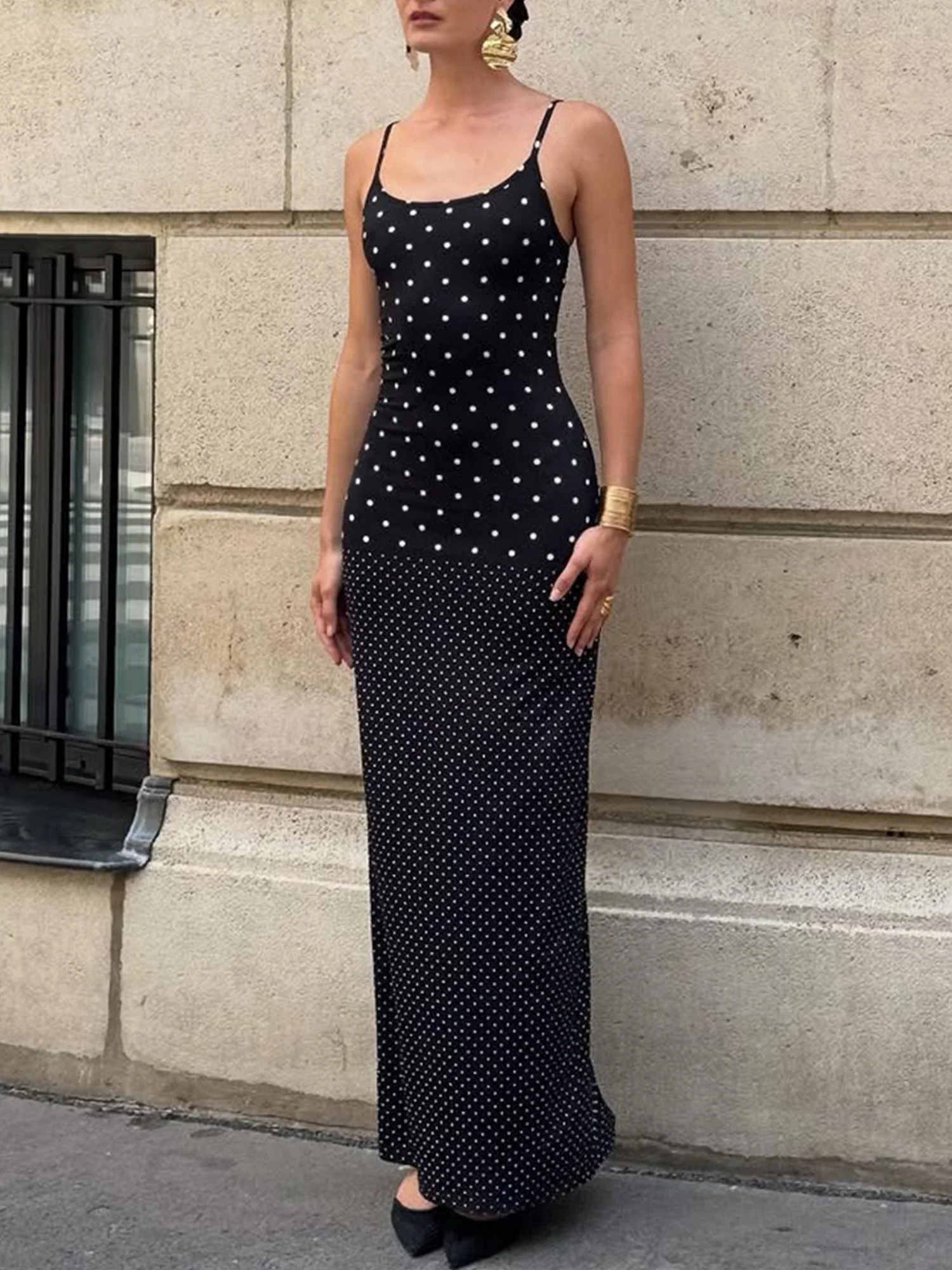 Polka Dots Spaghetti Strap Backless Bodycon Slimming Maxi Dresses - Image 4