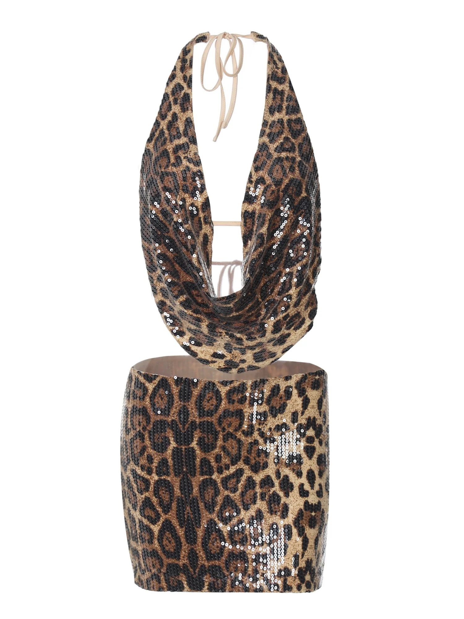 Leopard Print Sequins Halter Neck Low-cut Bodycon Mini Skirt 2-piece Sets - Image 4