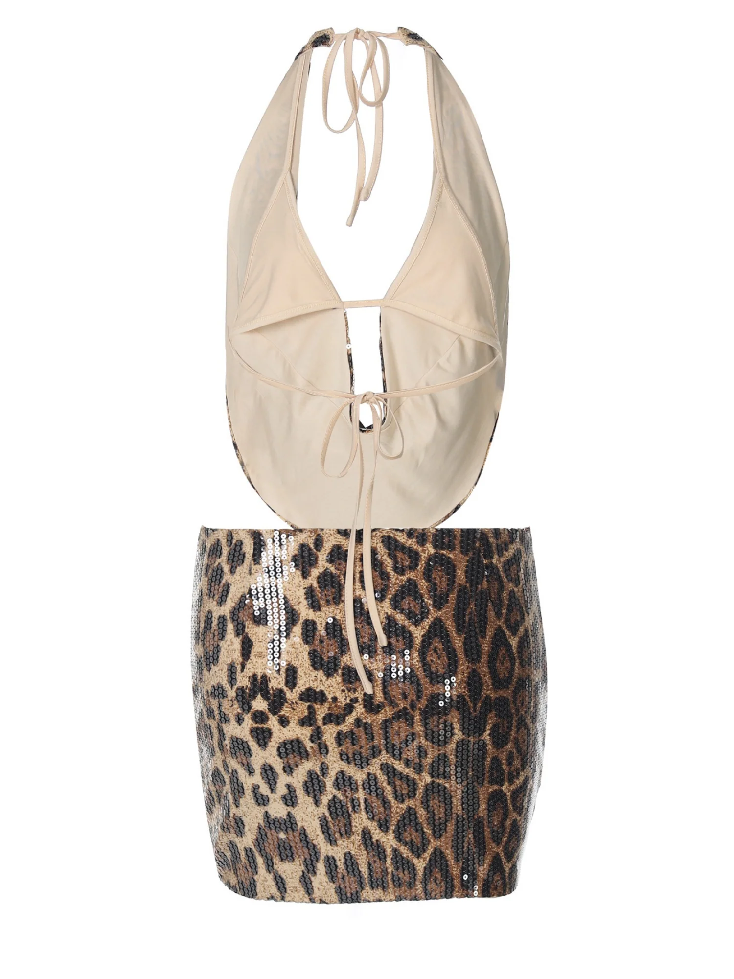 Leopard Print Sequins Halter Neck Low-cut Bodycon Mini Skirt 2-piece Sets - Image 5