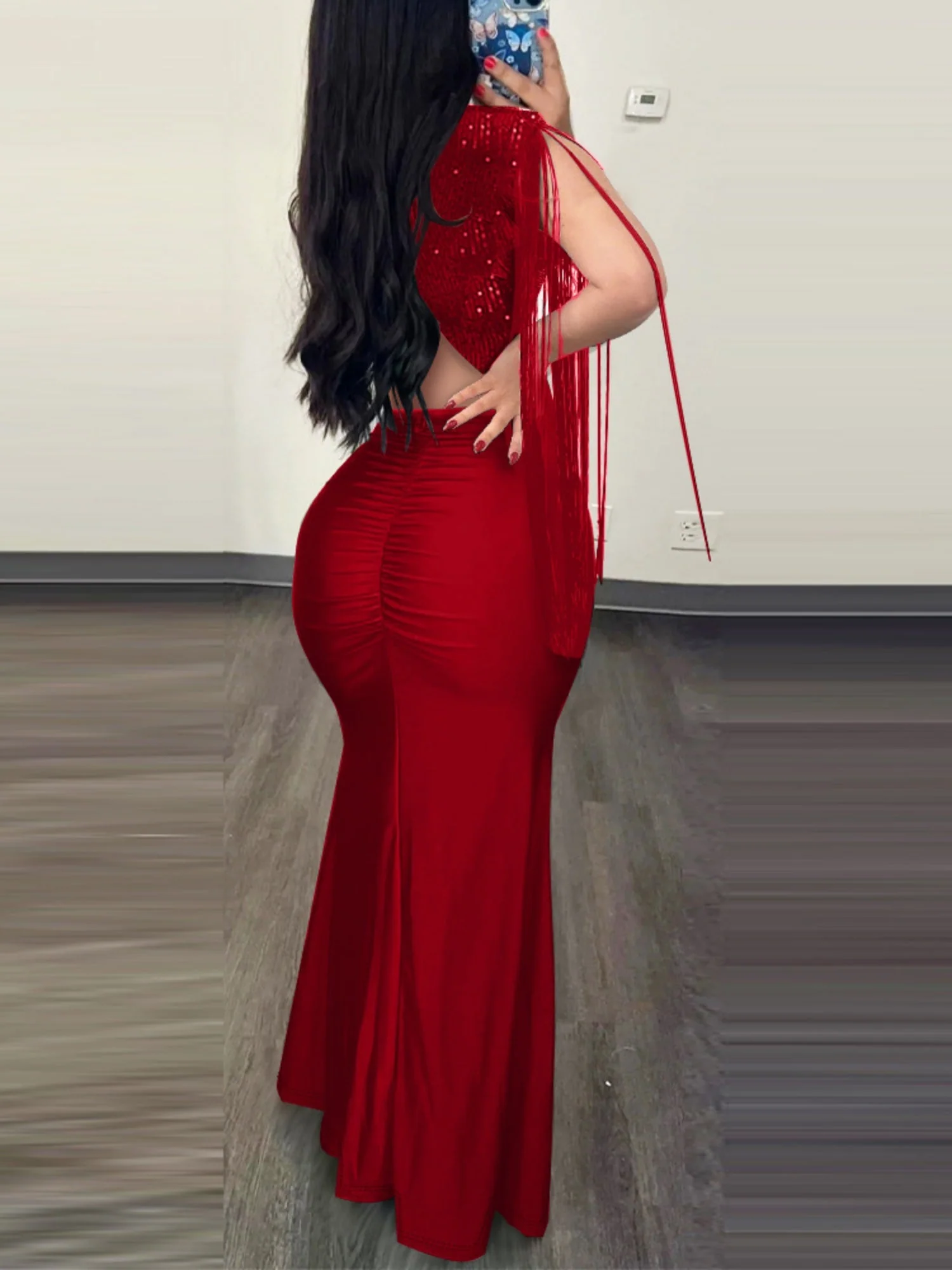Sequins Bodycon Round Neck Slit Evening Dress Tassel Sleeves Pleated Maxi Dresses - Image 2