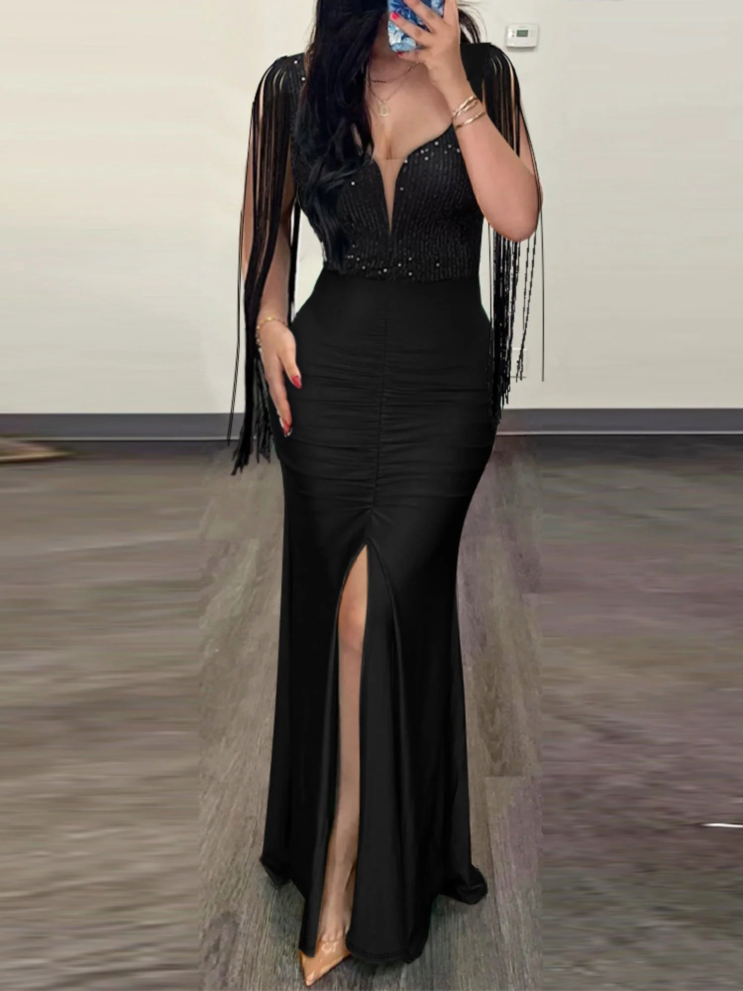 Sequins Bodycon Round Neck Slit Evening Dress Tassel Sleeves Pleated Maxi Dresses - Image 3