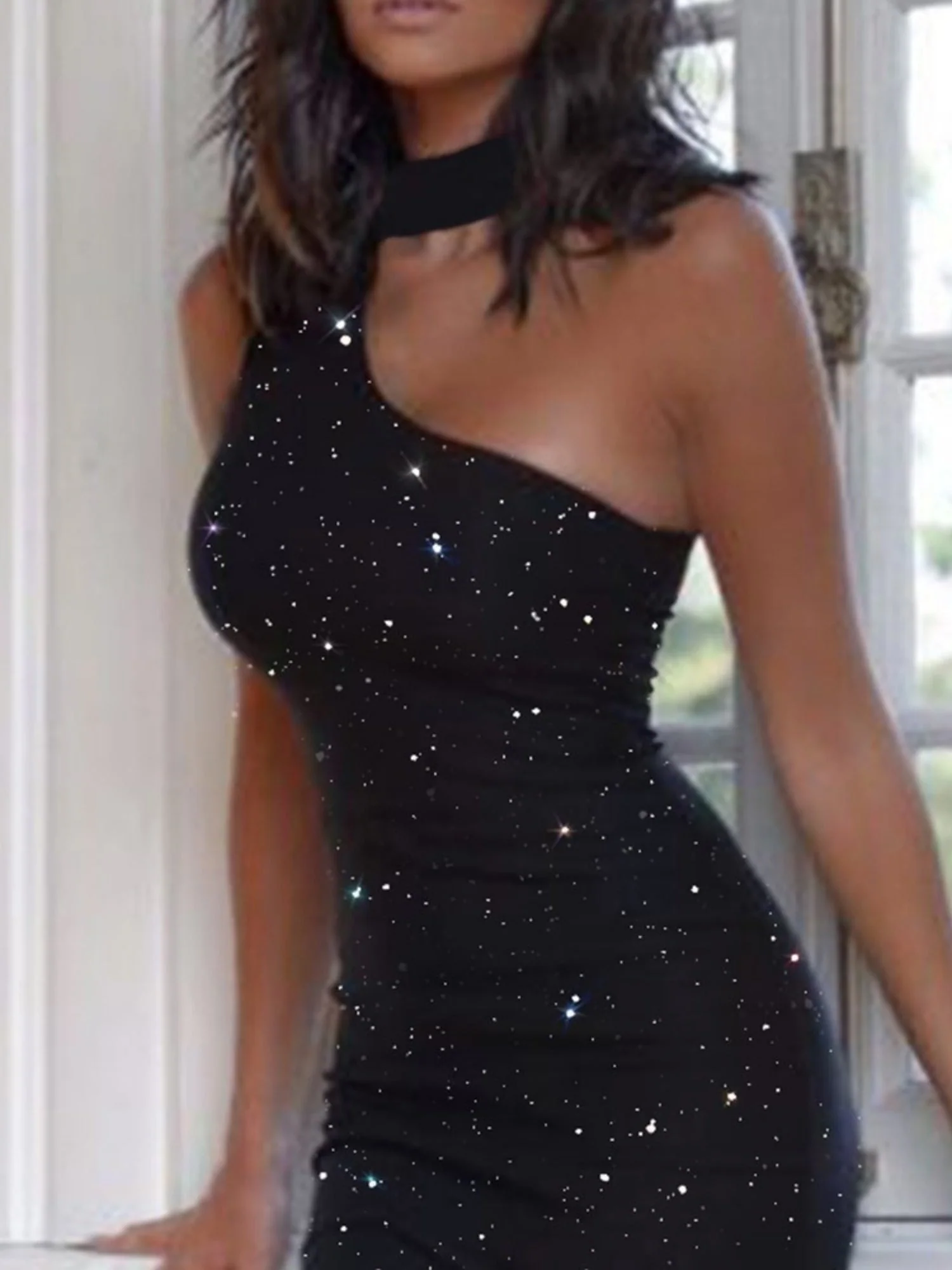 Sloping Shoulder Halter Neck Sequins Hip Wrap Sleeveless Mini&Short Dresses - Image 2