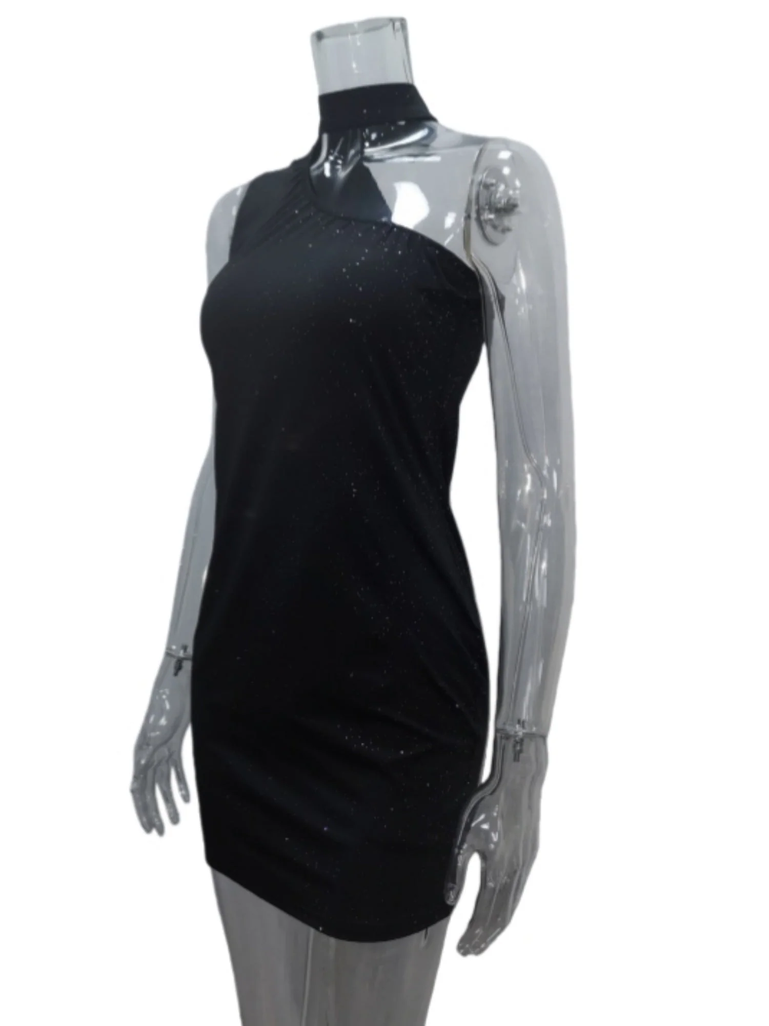 Sloping Shoulder Halter Neck Sequins Hip Wrap Sleeveless Mini&Short Dresses - Image 3