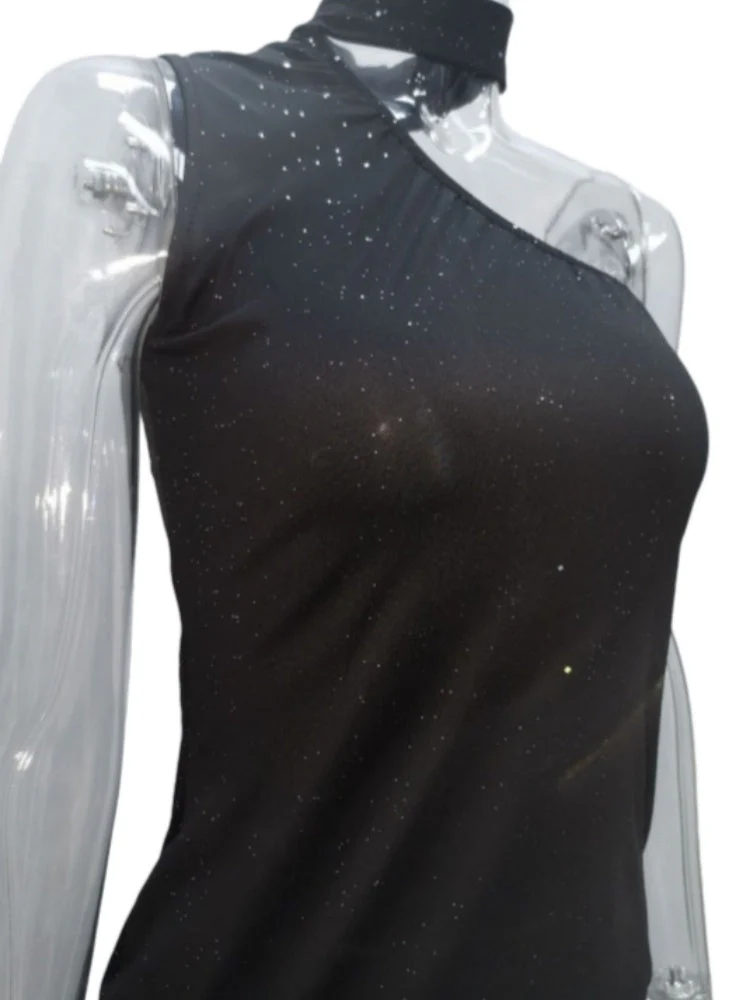 Sloping Shoulder Halter Neck Sequins Hip Wrap Sleeveless Mini&Short Dresses - Image 4