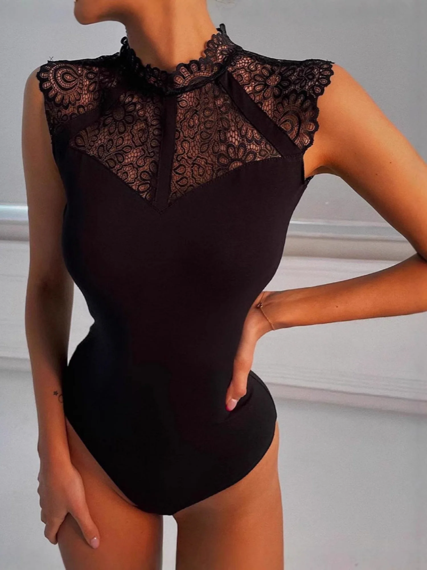Lace Splicing Sleeveless Mock Neck Jumpsuits&Bodysuits - Image 2