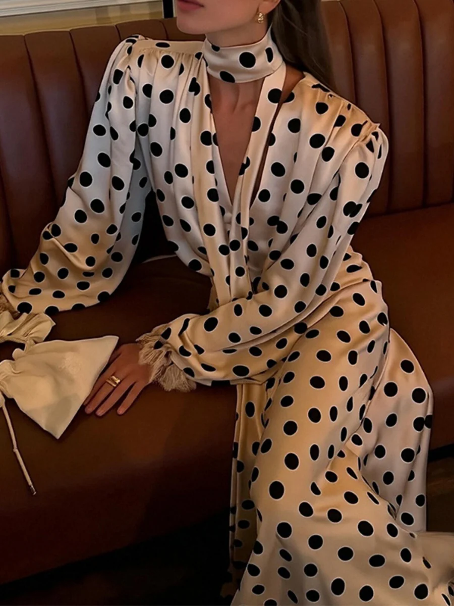 Puff Lantern Sleeves Retro Hip-hugging Grace Polka Dots Maxi Dresses - Image 2