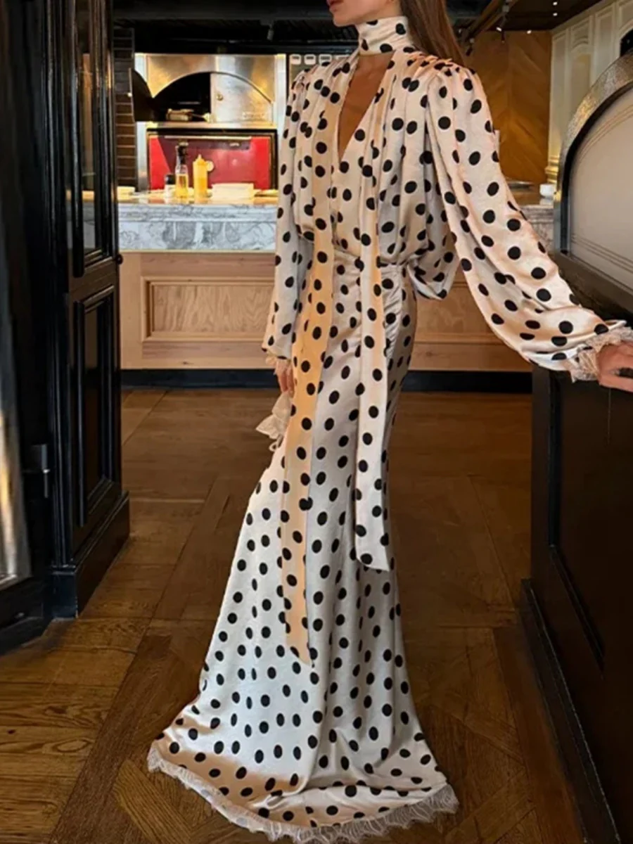 Puff Lantern Sleeves Retro Hip-hugging Grace Polka Dots Maxi Dresses - Image 4