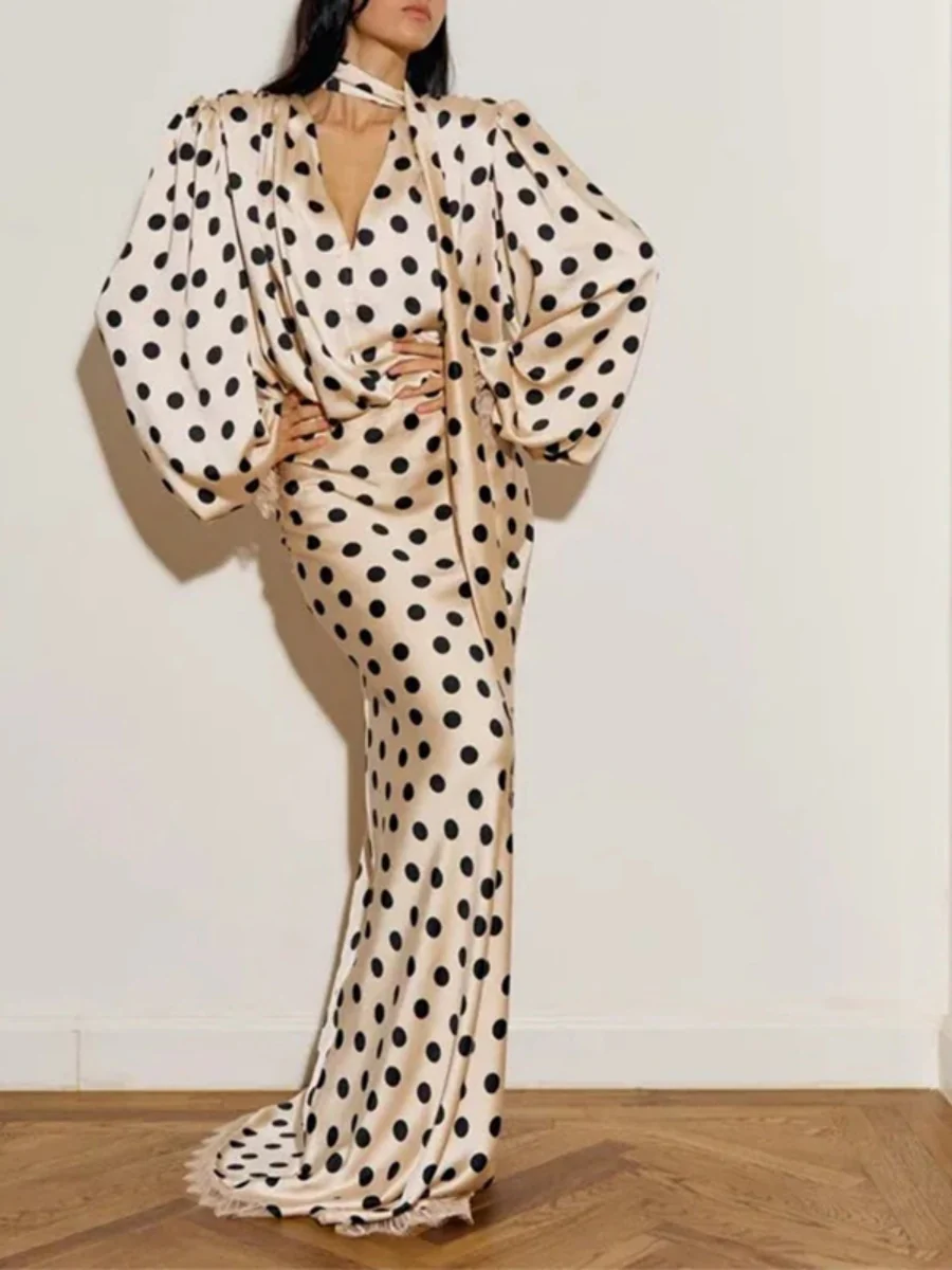 Puff Lantern Sleeves Retro Hip-hugging Grace Polka Dots Maxi Dresses - Image 5