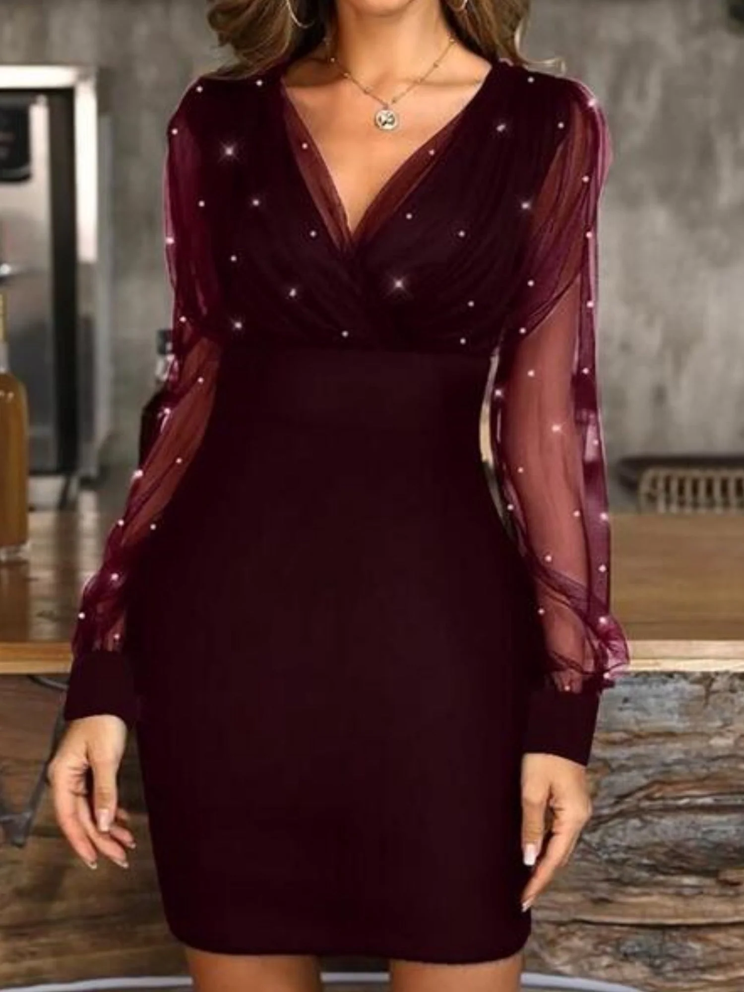 Mesh Splicing Bubble Beads V-neck Waist Shaping Mini&Short Dresses - Image 2