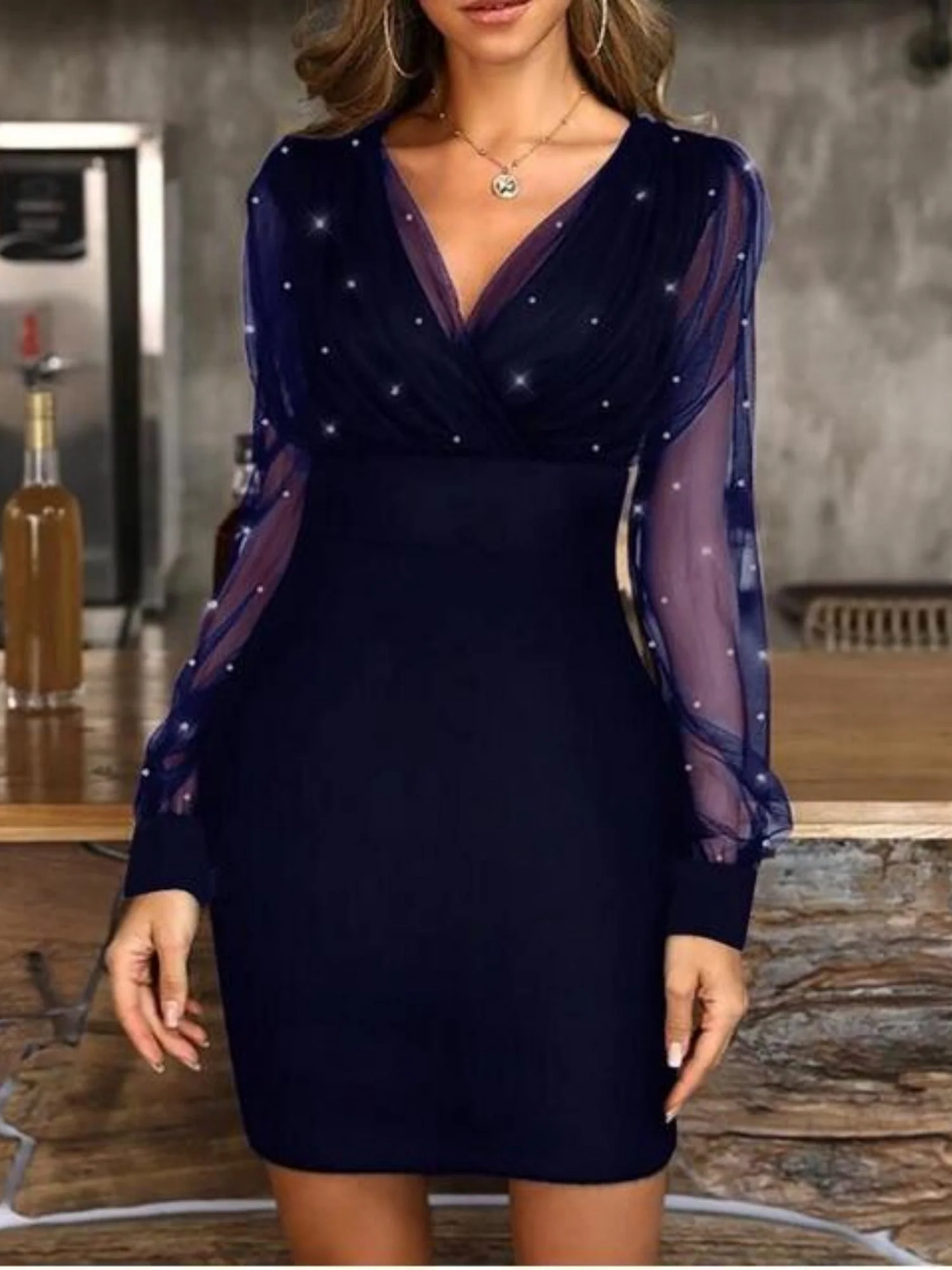 Mesh Splicing Bubble Beads V-neck Waist Shaping Mini&Short Dresses - Image 3