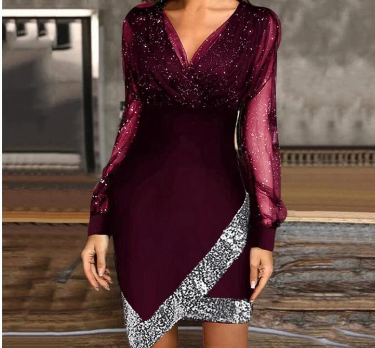 Mesh Splicing Sequins V-neck Waist Shaping Mini&Short Dresses - Image 2