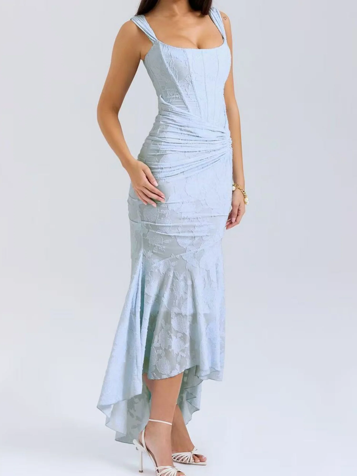 Jacquard Print Pleated Waist Spaghetti Strap Backless Mermaid Tail Maxi Dresses - Image 10