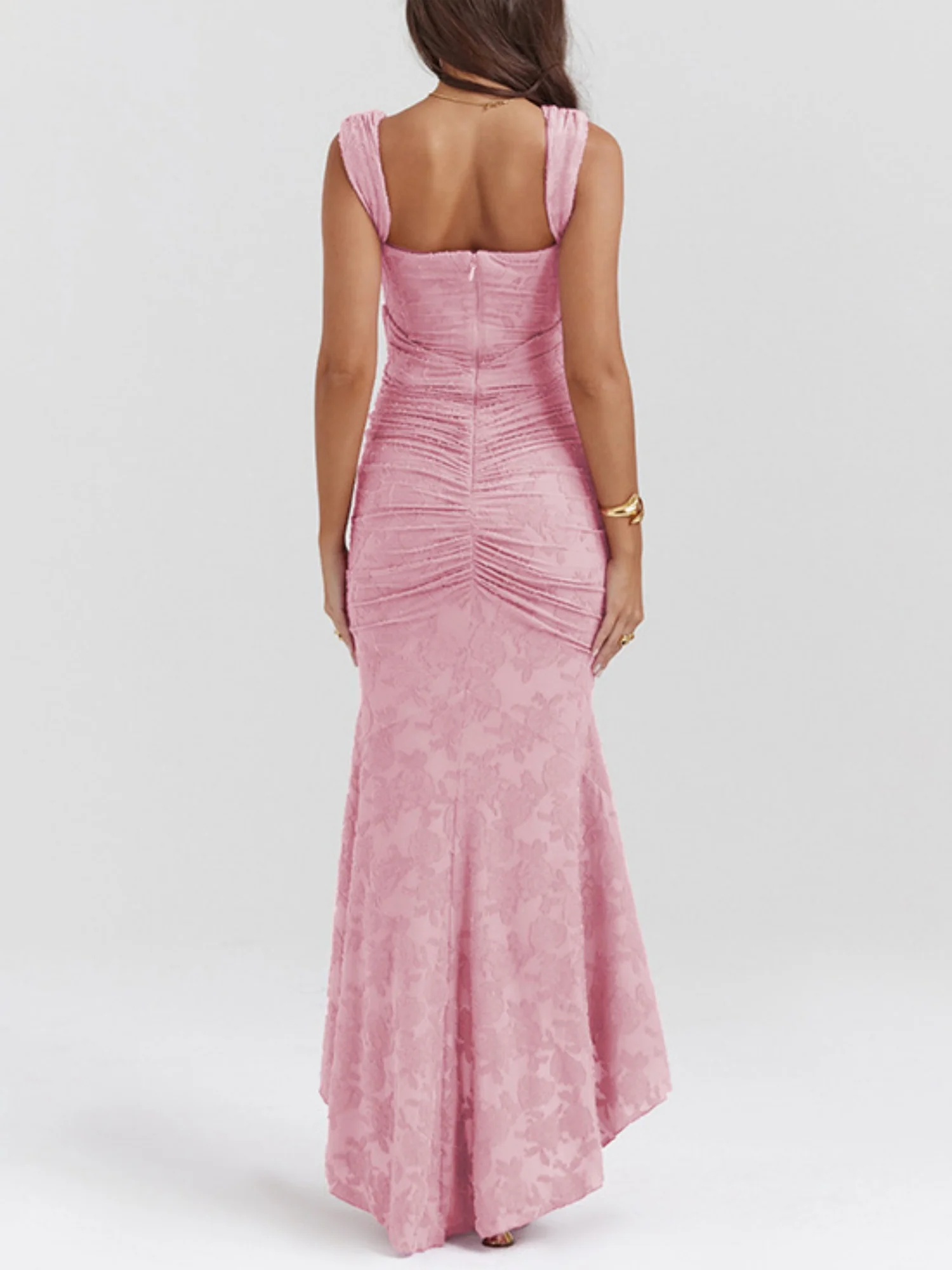 Jacquard Print Pleated Waist Spaghetti Strap Backless Mermaid Tail Maxi Dresses - Image 2