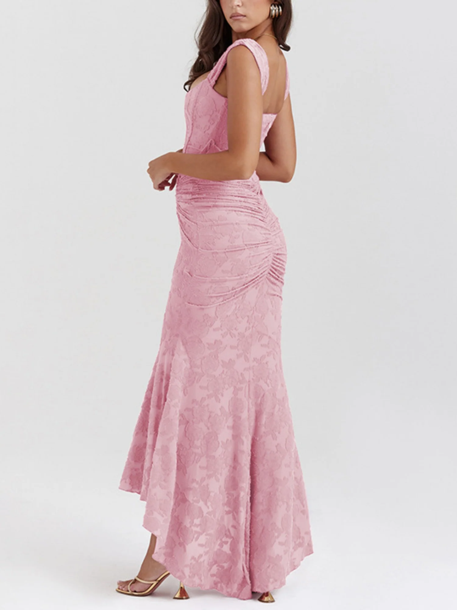 Jacquard Print Pleated Waist Spaghetti Strap Backless Mermaid Tail Maxi Dresses - Image 3