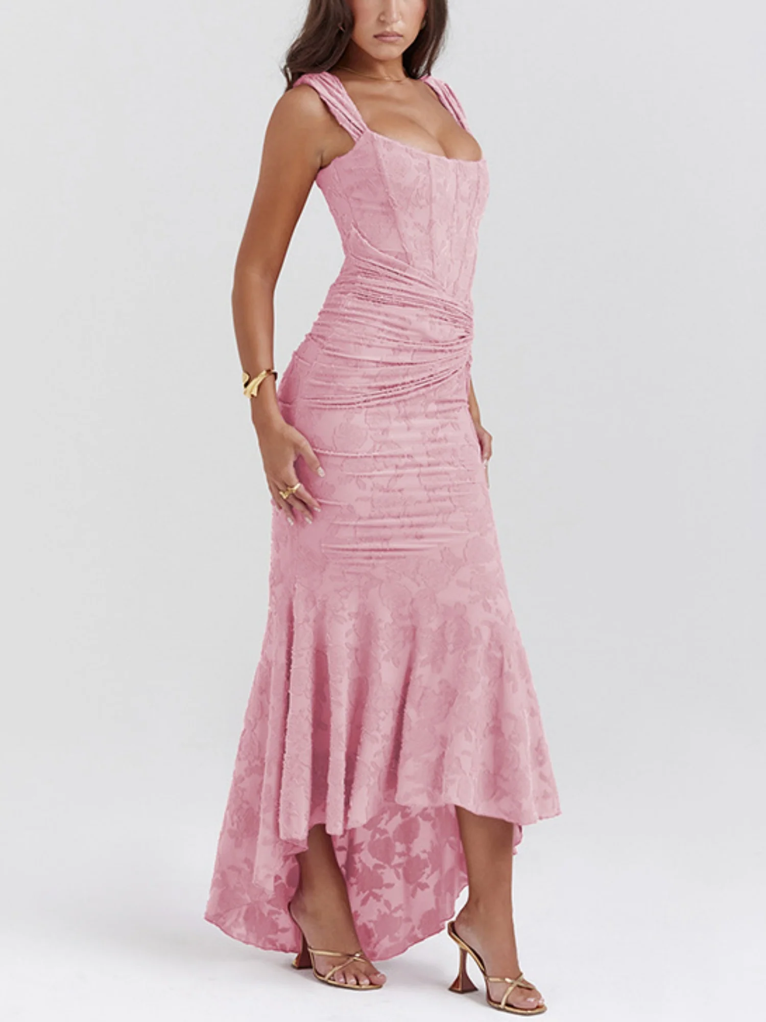 Jacquard Print Pleated Waist Spaghetti Strap Backless Mermaid Tail Maxi Dresses - Image 4