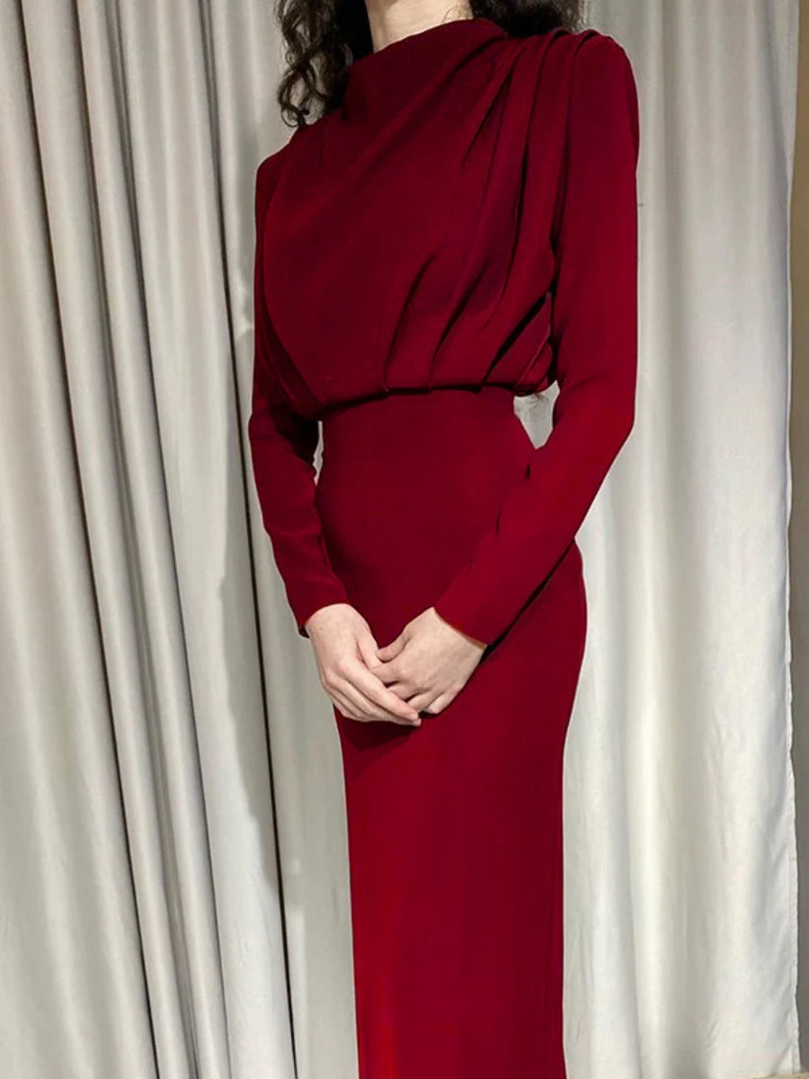 High Neck Style Gathering Long Sleeve Hip-hugging Dinner Cocktail Maxi Dress - Image 4