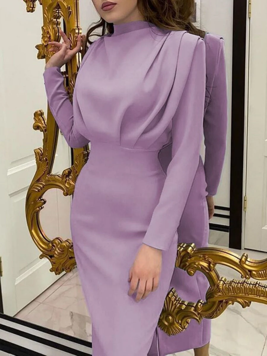 High Neck Style Gathering Long Sleeve Hip-hugging Dinner Cocktail Maxi Dress - Image 6