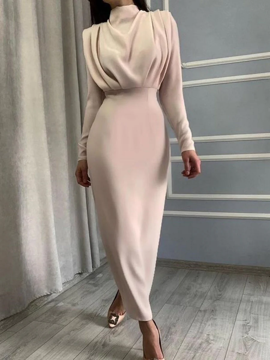 High Neck Style Gathering Long Sleeve Hip-hugging Dinner Cocktail Maxi Dress - Image 7
