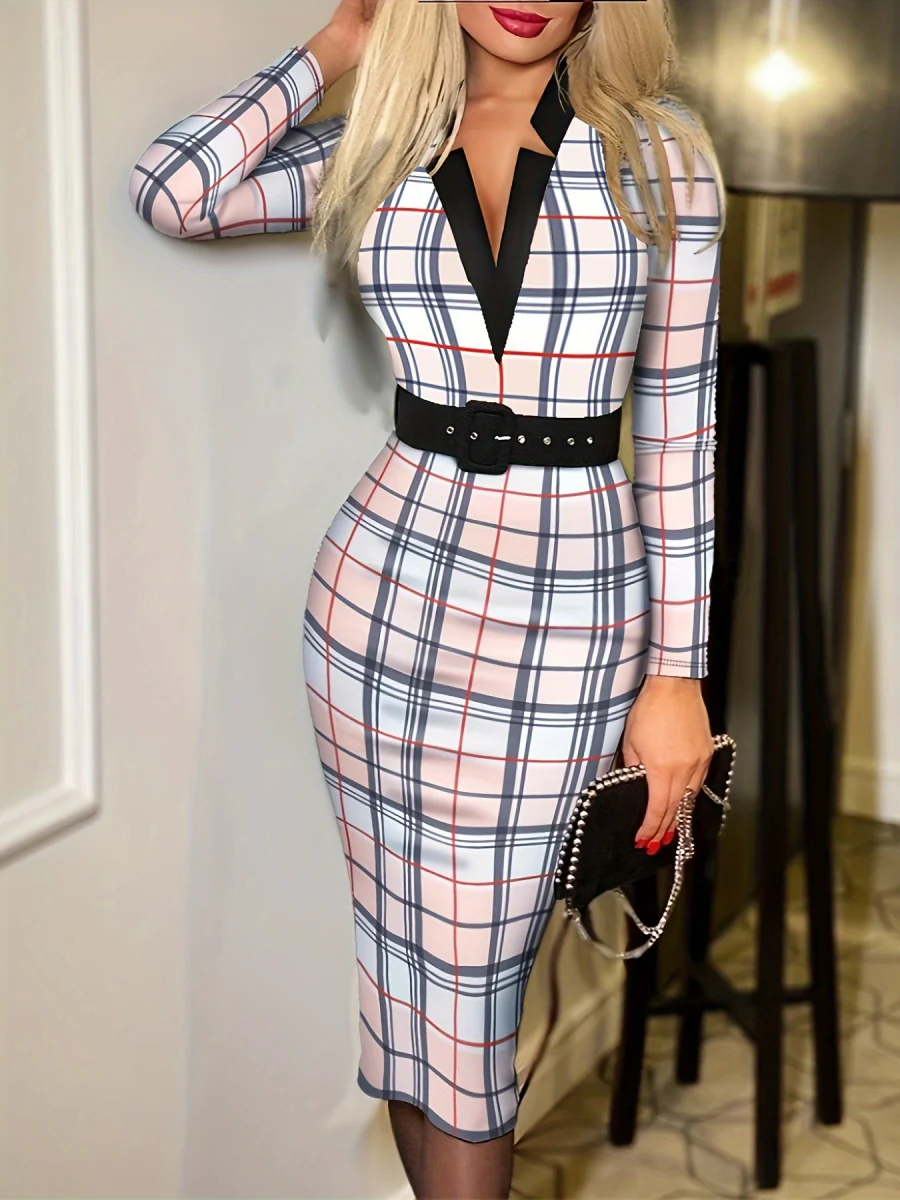 V-neck Hip-hugging Belts Plaid Midi Dresses - Image 14