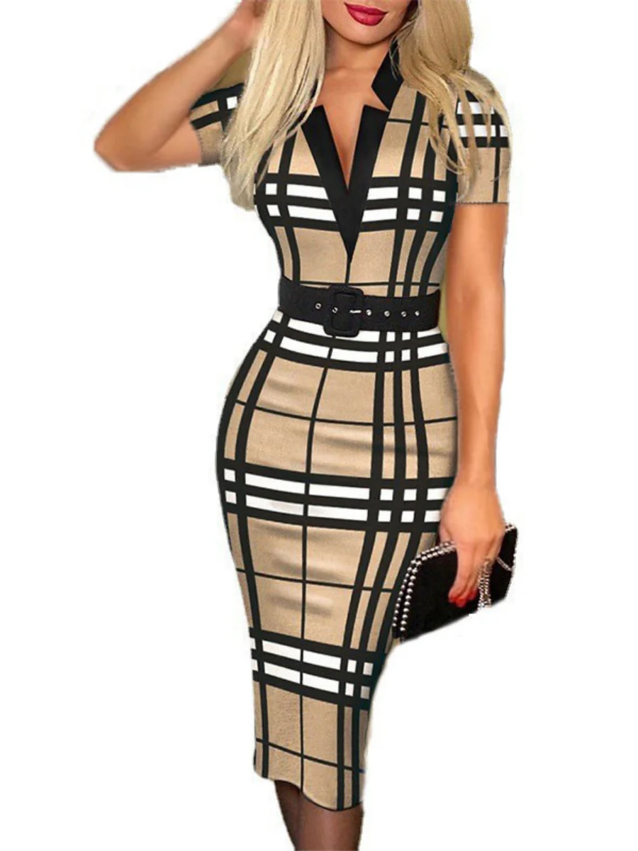 V-neck Hip-hugging Belts Plaid Midi Dresses - Image 2