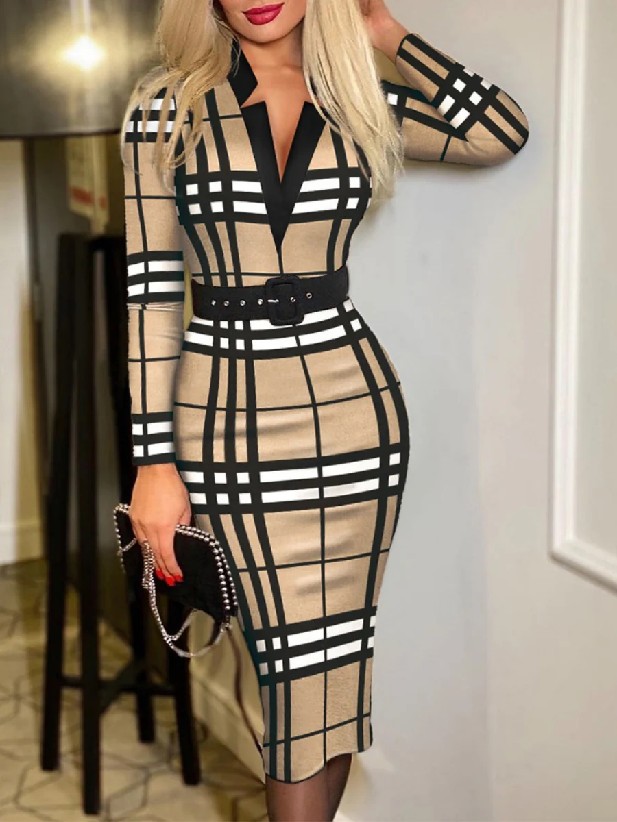 V-neck Hip-hugging Belts Plaid Midi Dresses - Image 20