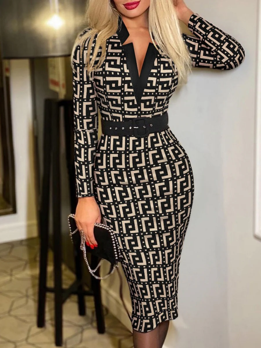 V-neck Hip-hugging Belts Plaid Midi Dresses - Image 21