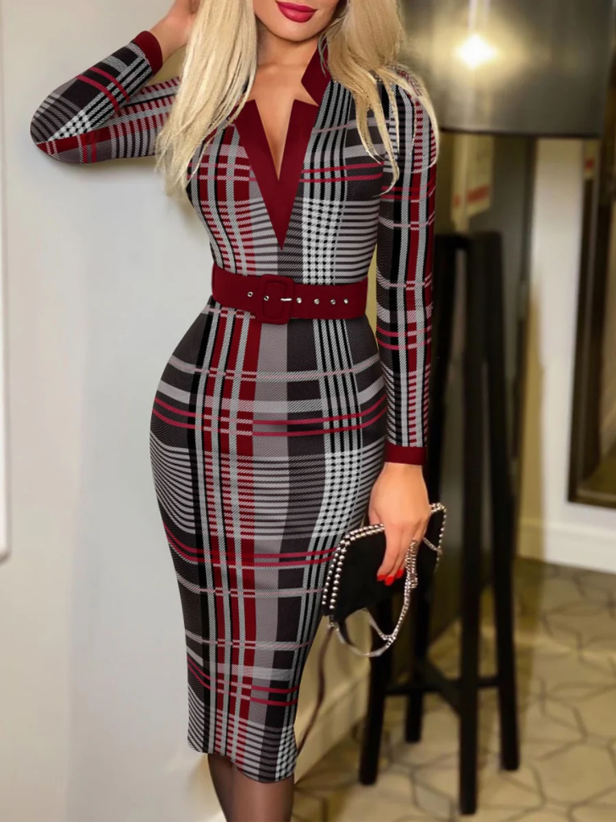 V-neck Hip-hugging Belts Plaid Midi Dresses - Image 23