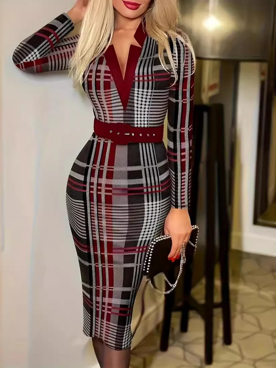 V-neck Hip-hugging Belts Plaid Midi Dresses - Image 3