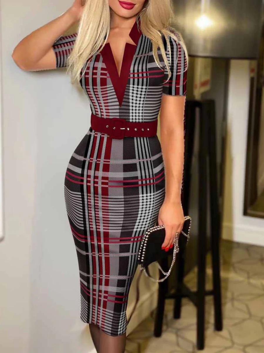 V-neck Hip-hugging Belts Plaid Midi Dresses - Image 4