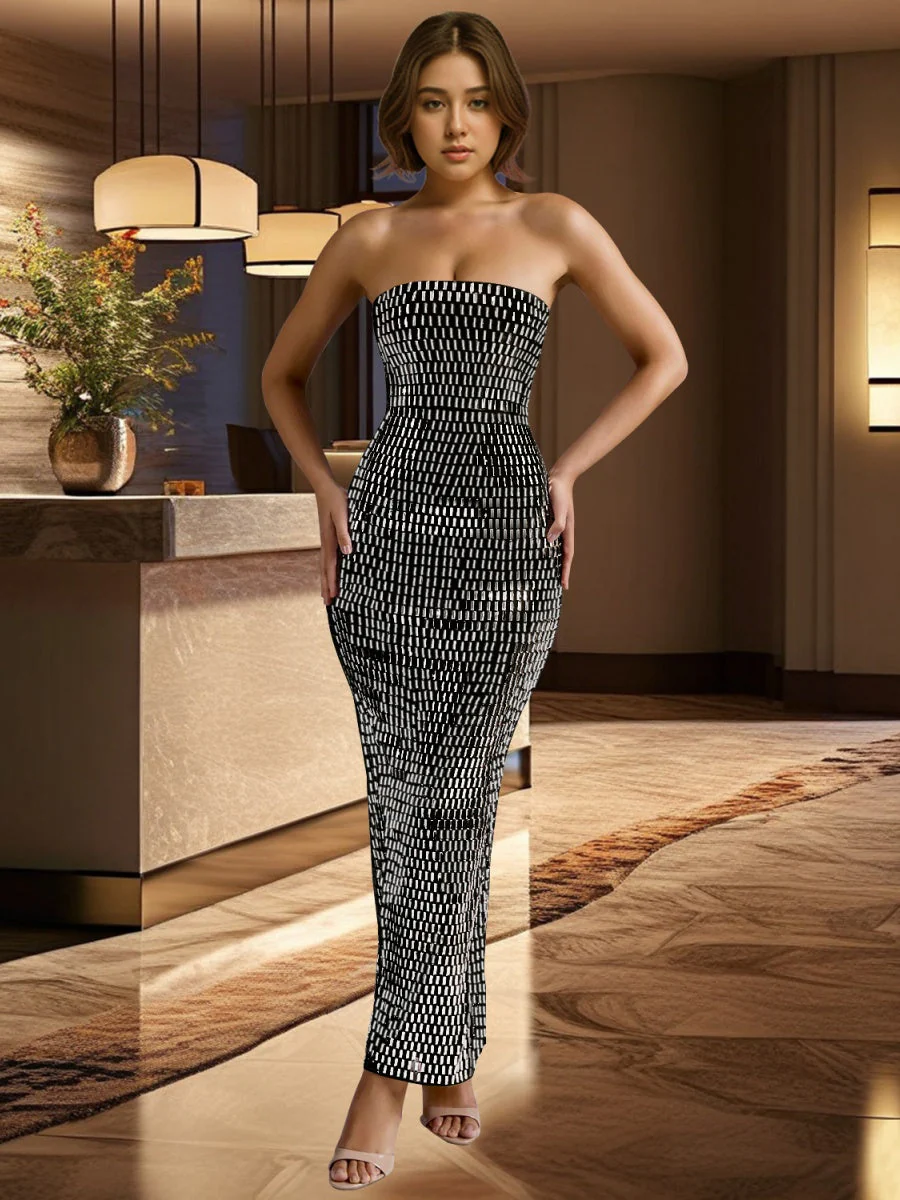 Strapless Rhinestone Hip-hugging Mesh Sequins Dinner Cocktail Maxi Dress - Image 6