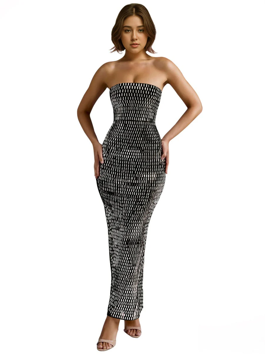 Strapless Rhinestone Hip-hugging Mesh Sequins Dinner Cocktail Maxi Dress - Image 7
