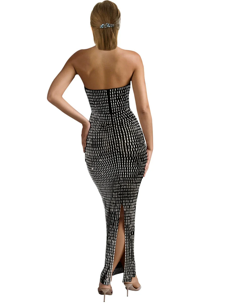 Strapless Rhinestone Hip-hugging Mesh Sequins Dinner Cocktail Maxi Dress - Image 8
