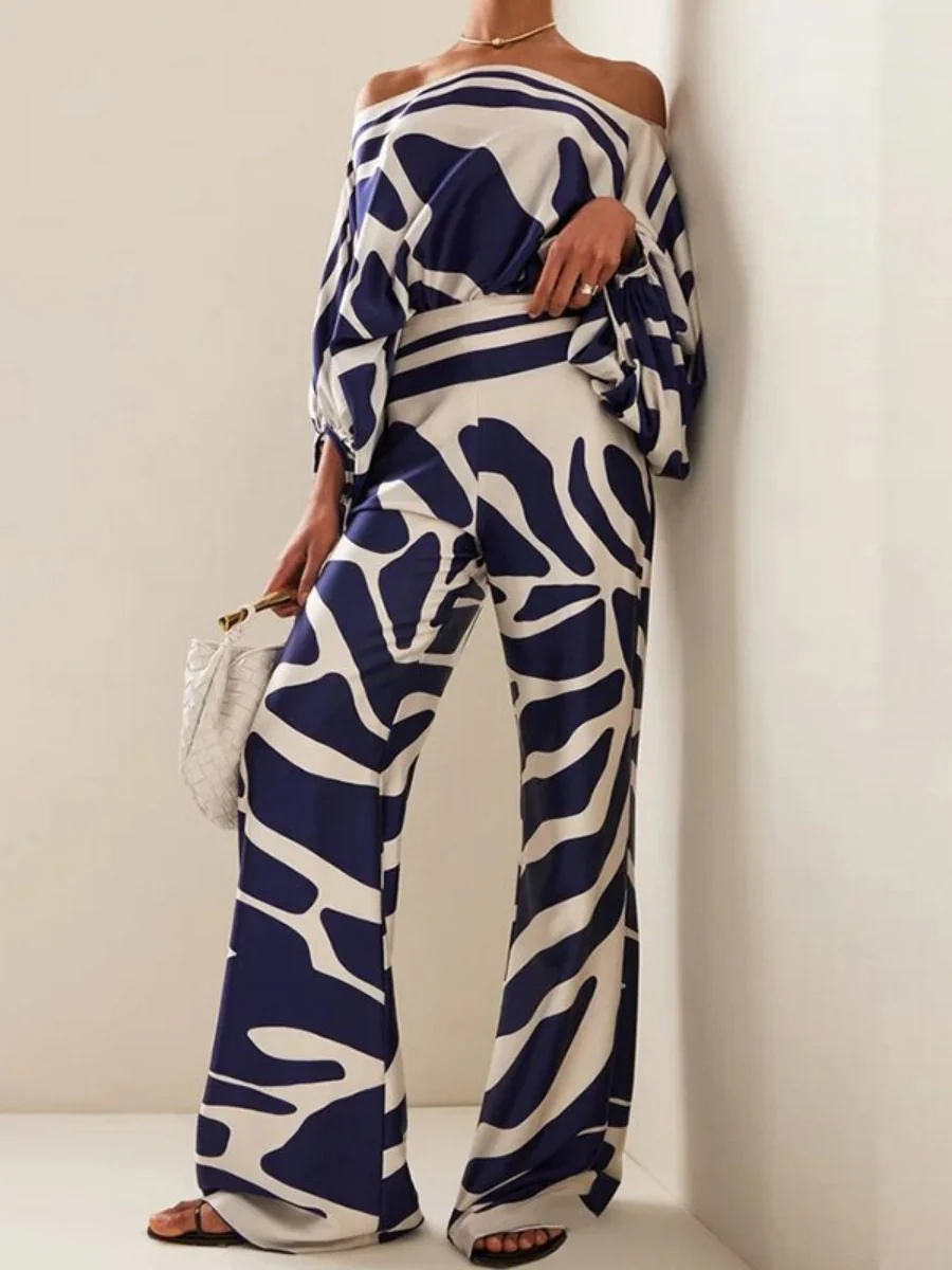 Printed Off-shoulder Batwing Sleeves Jacket Wide-leg Pants Set 2-piece Sets - Image 2